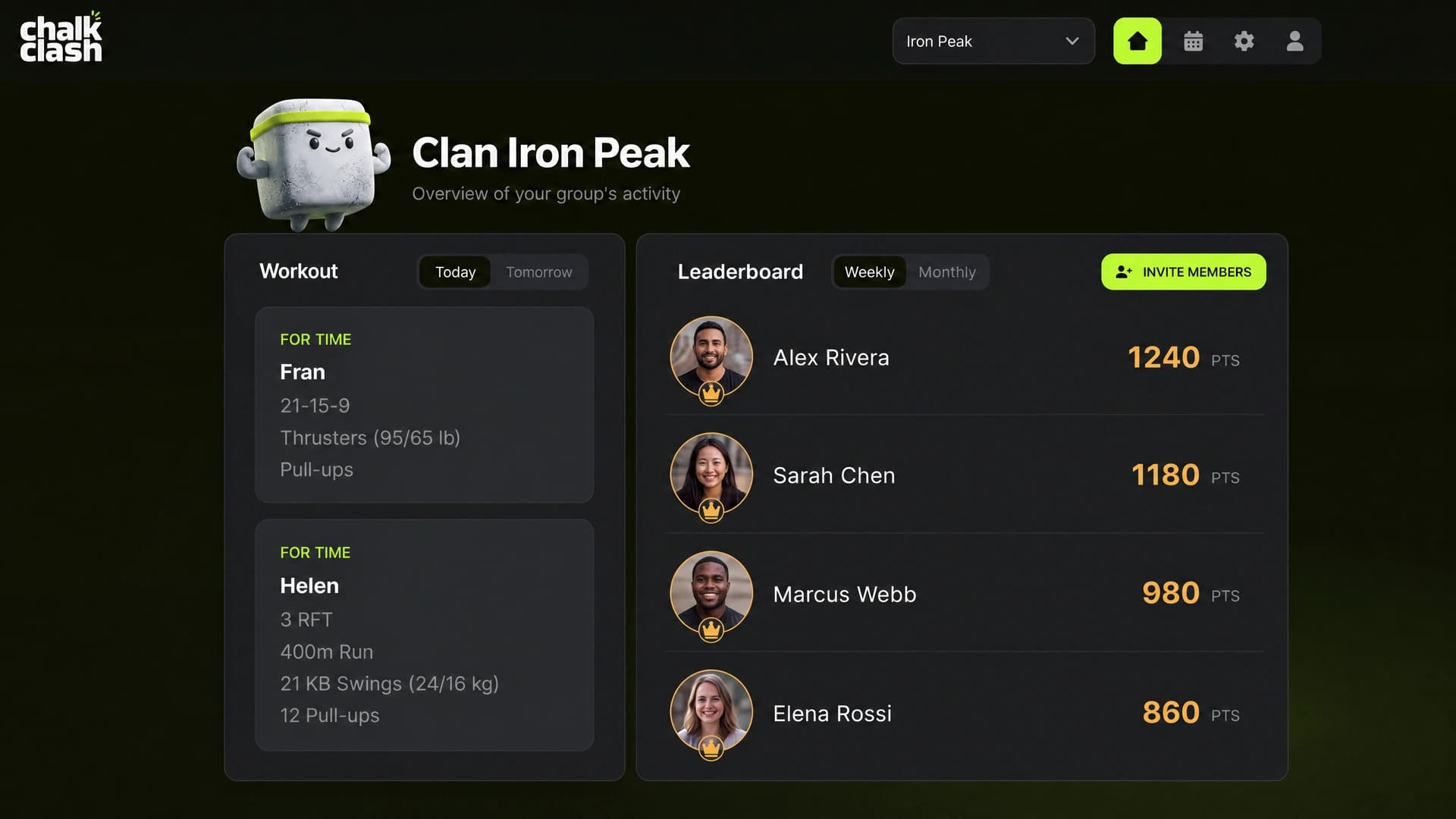 ChalkClash desktop dashboard with workouts and leaderboard